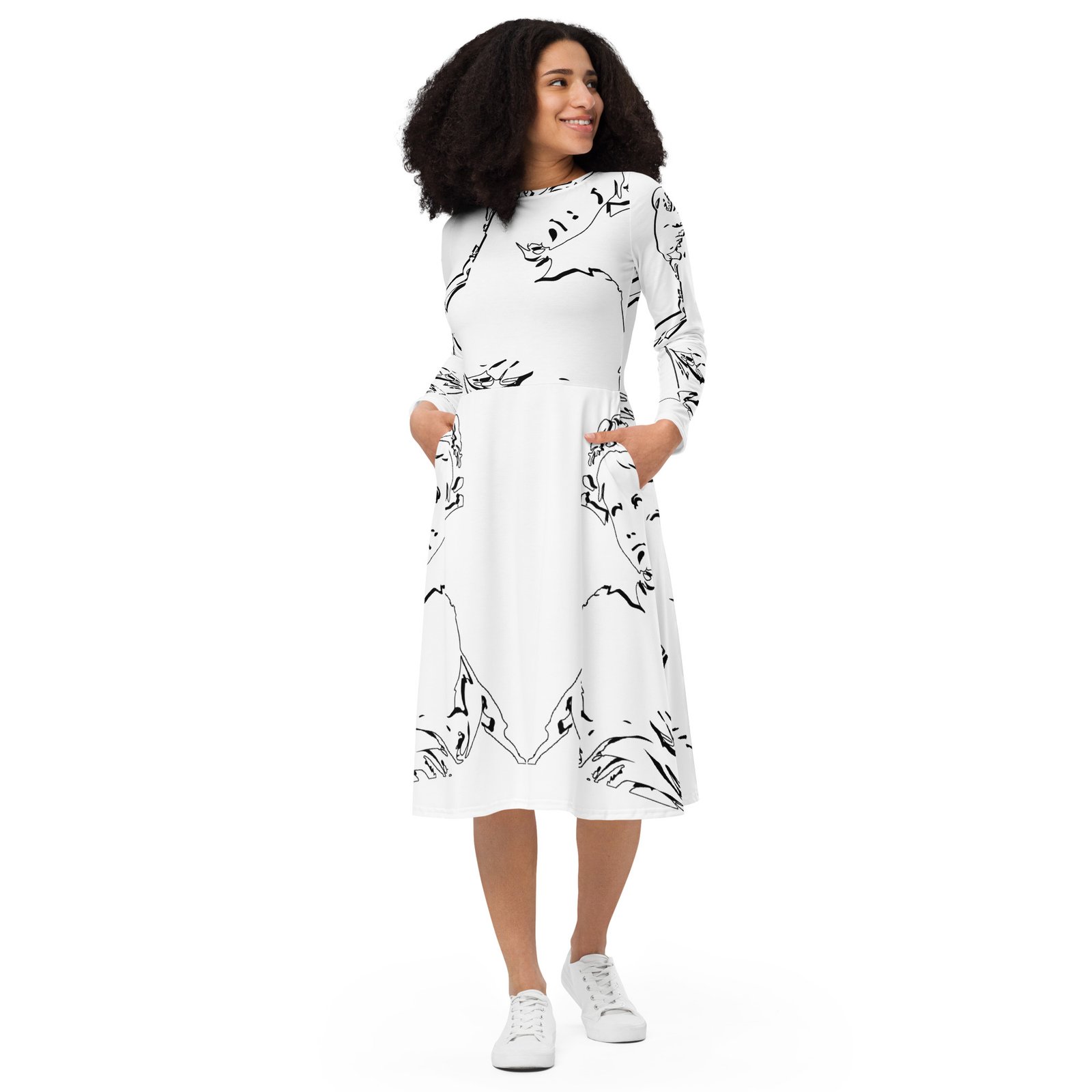 all over print long sleeve midi dress white front 690e7e938d1f9