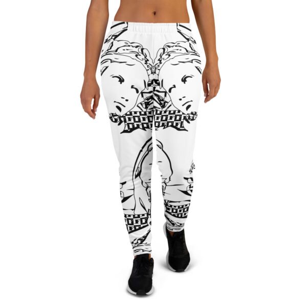 all over print recycled womens joggers white front 6915169b1d853